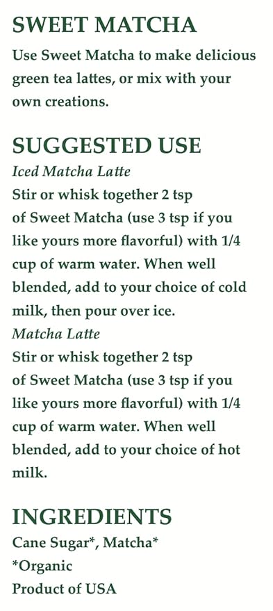 Organic Sweet Matcha Green Tea Powdered Drink, Cafe Style Blend